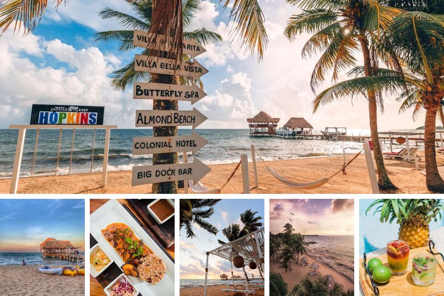 images of big dock ceviche bar, hopkin s b each, colonial inn, jaguar reef lodge, tropical cocktails