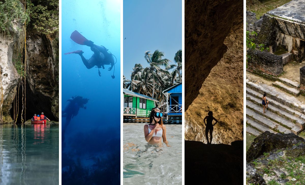 Summer and Fall in belize activities : barton creek canoe, scuba diving, tobacco caye paradise, barton creek cave, cahal pech mayan ruins