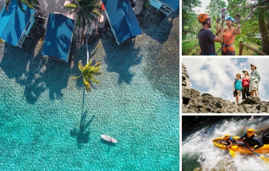 paddleboard on blue waters of Belize at Tobacco Caye paradise, zipline at Bocawina, Family at Belizean Mayan ruins , father and child water rafting