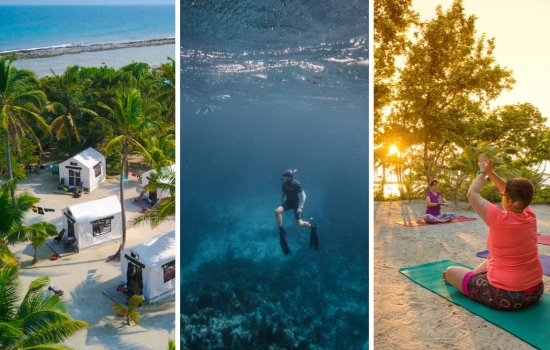 Belize Adventure Basecamps, man snorkeing in belize barrier reef, group doing yoga on an island