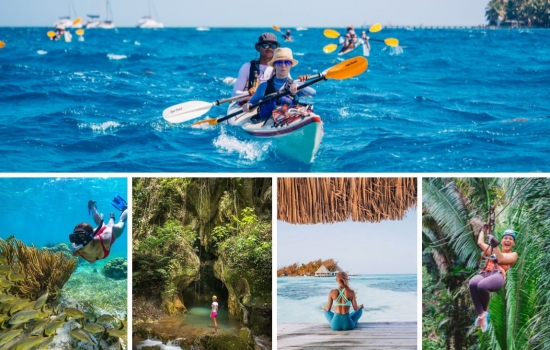 images of belize lighthouse reef, snorkeling the barrier reef, ATM cave, yoga at thatch caye and bocawina zipline